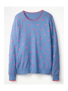 Boden Ana Blue Sequin Pink Polka Dot Long Sleeve Sweater Cotton Crewneck Top M
